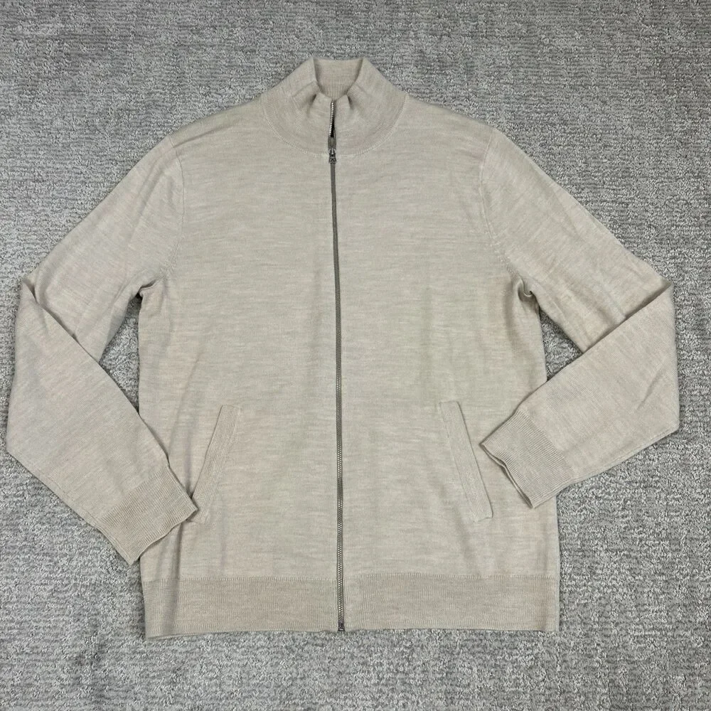 J Crew 100% Merino Wool Full Zip Sweater Mens Large Beige Preppy Pockets